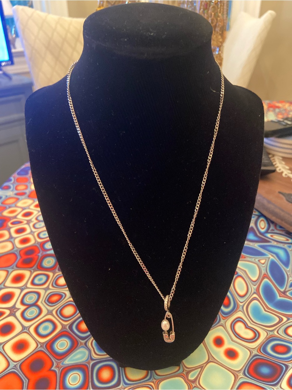 Delicate Gold-Tone Safety Pin Pendant Necklace with Pearl Accent